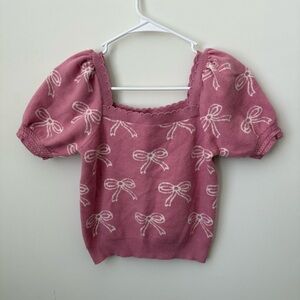 Willow & Wind Pink Puff Sleeve Knit Top Size Small Bow Ribbon‎ Preppy